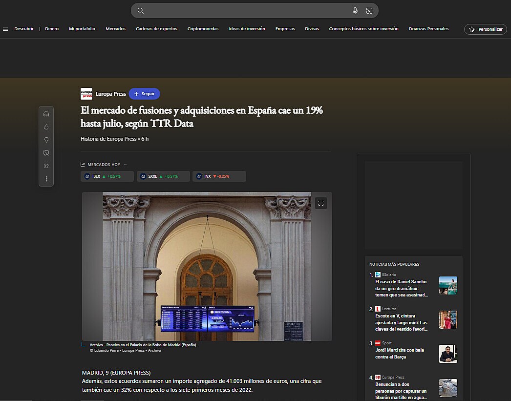 El mercado de fusiones y adquisiciones en Espaa cae un 19% hasta julio, segn TTR Data